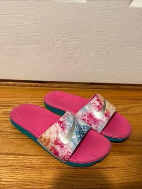 Nike Women's Pink Tie-Dye Slide Sandals with Silver Swoosh